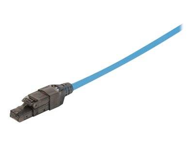 Ein blauerfaseroptisches Kabel mit einem MPO-Stecker auf weißem Hintergrund, typischerweise für hochgeschwindige Datenübertragung und Netzwerk-Setups verwendet.