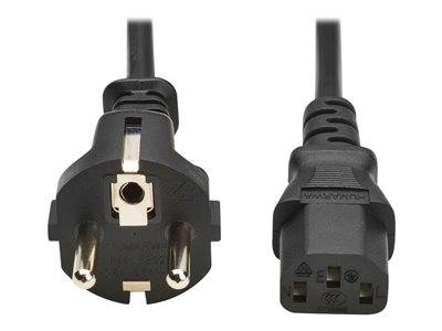 Europäischer Stecker und Steckdose, schwarzes Kabel, Nahaufnahme, kompatibel mit EU-Steckdosen, drei runde Stifte.