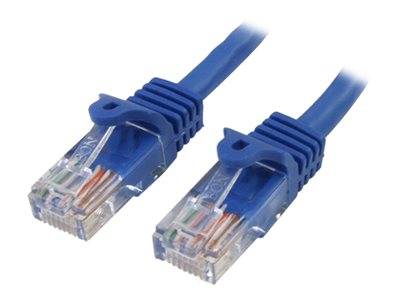 Zwei blaue Ethernet-Kabel mit durchsichtigen Steckern, die für die Netzwerkverbindung verwendet werden.