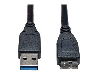 USB 3.0-Kabel mit einem Standard-Type-A-Anschluss auf der linken Seite und einem Micro-B-Anschluss auf der rechten Seite, das für Datenübertragung und Laden verwendet wird.