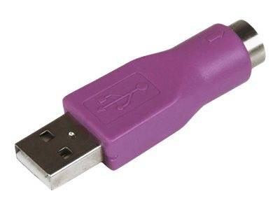 Ein violetter USB-zu-PS/2-Adapter mit einem USB-Stecker auf der einen Seite und einem kreisförmigen PS/2-Anschluss auf der anderen Seite, verwendet zum Anschluss von Peripheriegeräten.