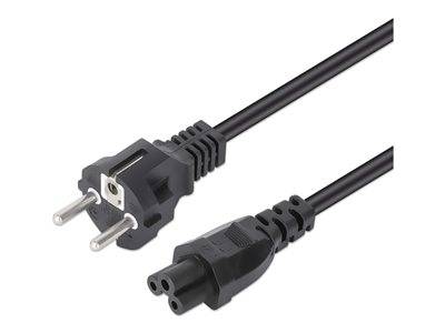 Ein schwarzes Stromkabel mit einem Eurostecker auf der einen Seite und einem C5-Stecker auf der anderen Seite, das zum Anschluss von Geräten an eine Stromquelle verwendet wird.