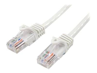 Zwei weiße Ethernet-Kabel mit durchsichtigen Steckern, die die innere Verdrahtung zeigen, nebeneinander vor einem einfachen Hintergrund angeordnet.