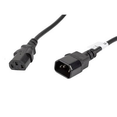 Ein schwarzes Stromkabel mit einem IEC-C13-Stecker auf der einen Seite und einem IEC-C14-Stecker auf der anderen Seite, das zum Verbinden von Geräten mit Stromquellen verwendet wird.