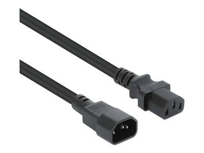 C13-zu-C14-Stromkabel mit schwarzen Steckern an jedem Ende, verwendet zum Verbinden von Stromversorgungseinheiten mit Geräten, vor weißem Hintergrund dargestellt.