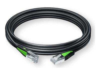 Ein aufgerolltes Ethernet-Kabel mit grünen Akzenten auf den Steckverbindern, wahrscheinlich für Internet- oder Netzwerkverbindungen verwendet.