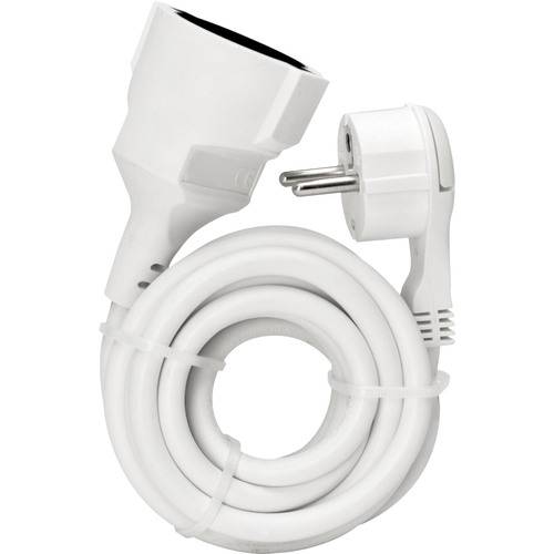 Aufgerollte weiße Stromverlängerungsschnur mit einem Stecker an einem Ende und einer Buchse am anderen Ende
