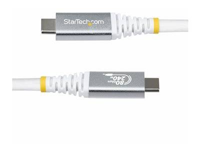 Zwei USB-C-Kabel mit grauen Steckern und weißem geflochtenem Überzug, mit den Logos „StarTech.com