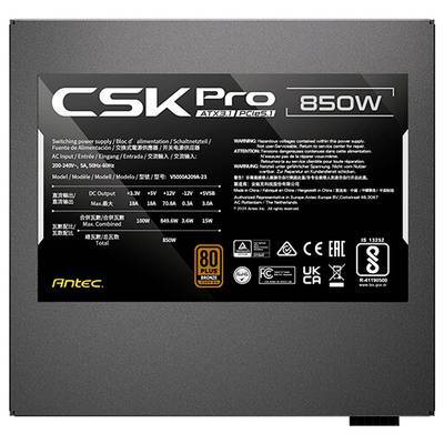 Antec CSK Pro 850W Stromversorgung, 80 Plus Bronze zertifiziert. Die Funktionen umfassen AC-Eingang 200-240V, 12V-Ausgang, mehrere Sicherheitszertifizierungen.