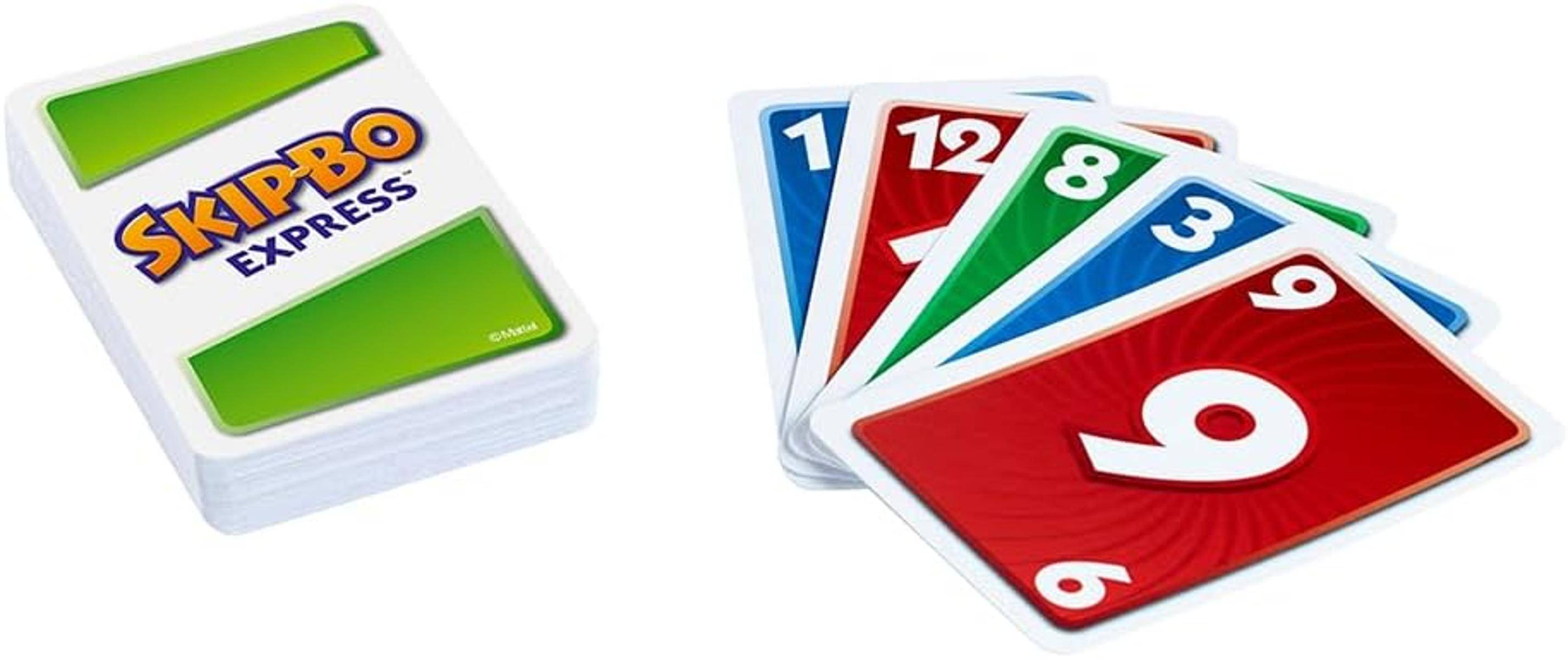 Ein Stapel UNO-Karten und vier sichtbare Karten, die die Zahlen 1, 12, 8 und 2 in blauer, roter und grüner Farbe auf weißem Hintergrund zeigen.