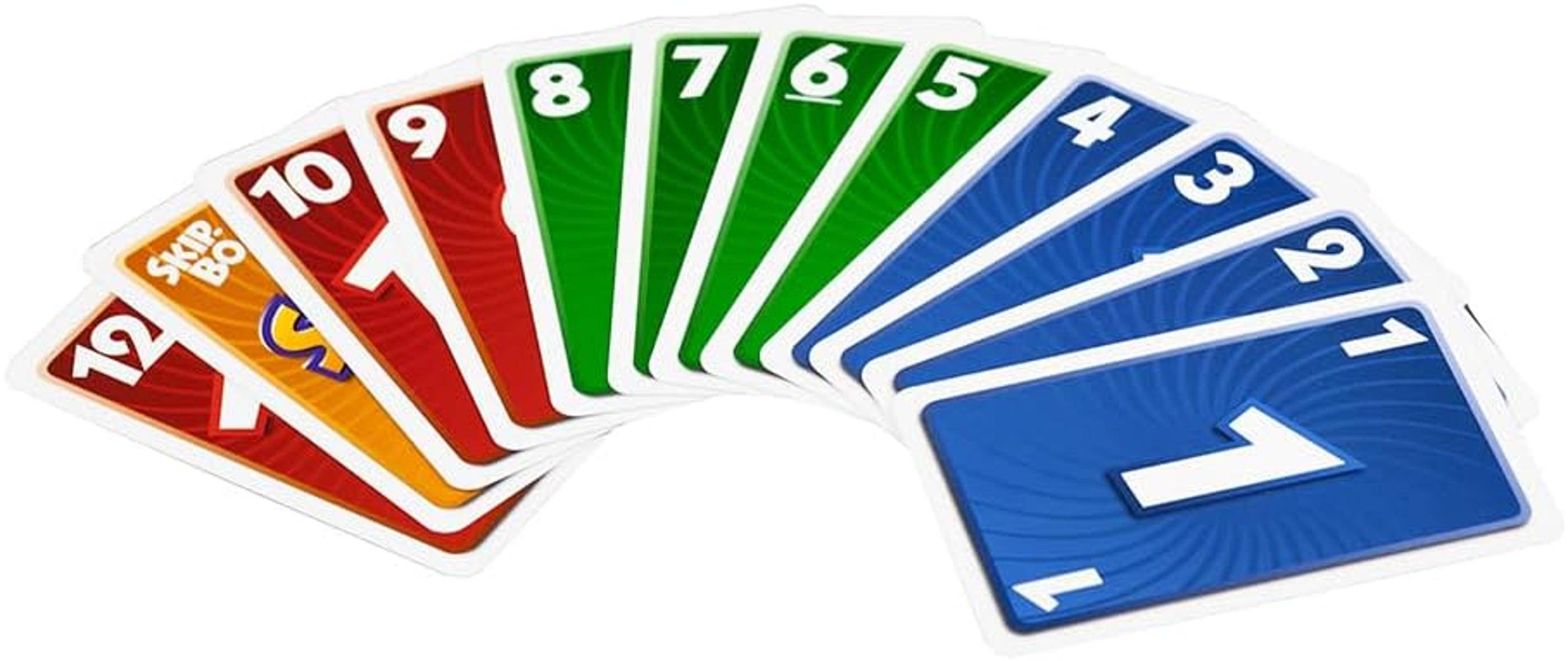 Ein Fan mit bunten Spielkarten mit den Nummern 4 bis 8 in verschiedenen Farben, der eine gekrümmte Anzeige von Spielsteinen für Freizeitspiele zeigt.