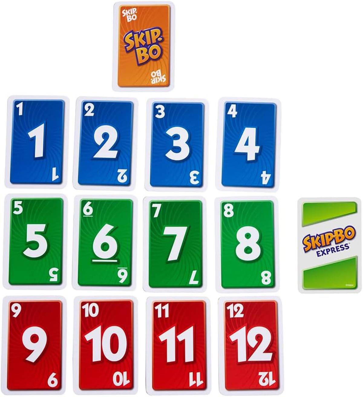 Skip-Bo Express' Kartenspiel-Setup mit Karten nummeriert von 1 bis 12 in verschiedenen Farben, die in einem Gitter angeordnet sind.