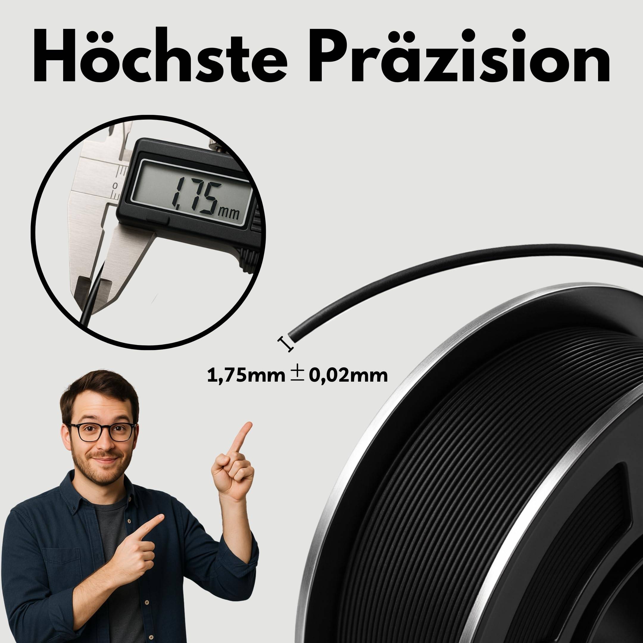 Höchste Präzision' Text mit einem Bild einer Schieblehre, die 1,75 mm misst, und einer großen Filamentspule. Eine Person deutet auf die Spule.