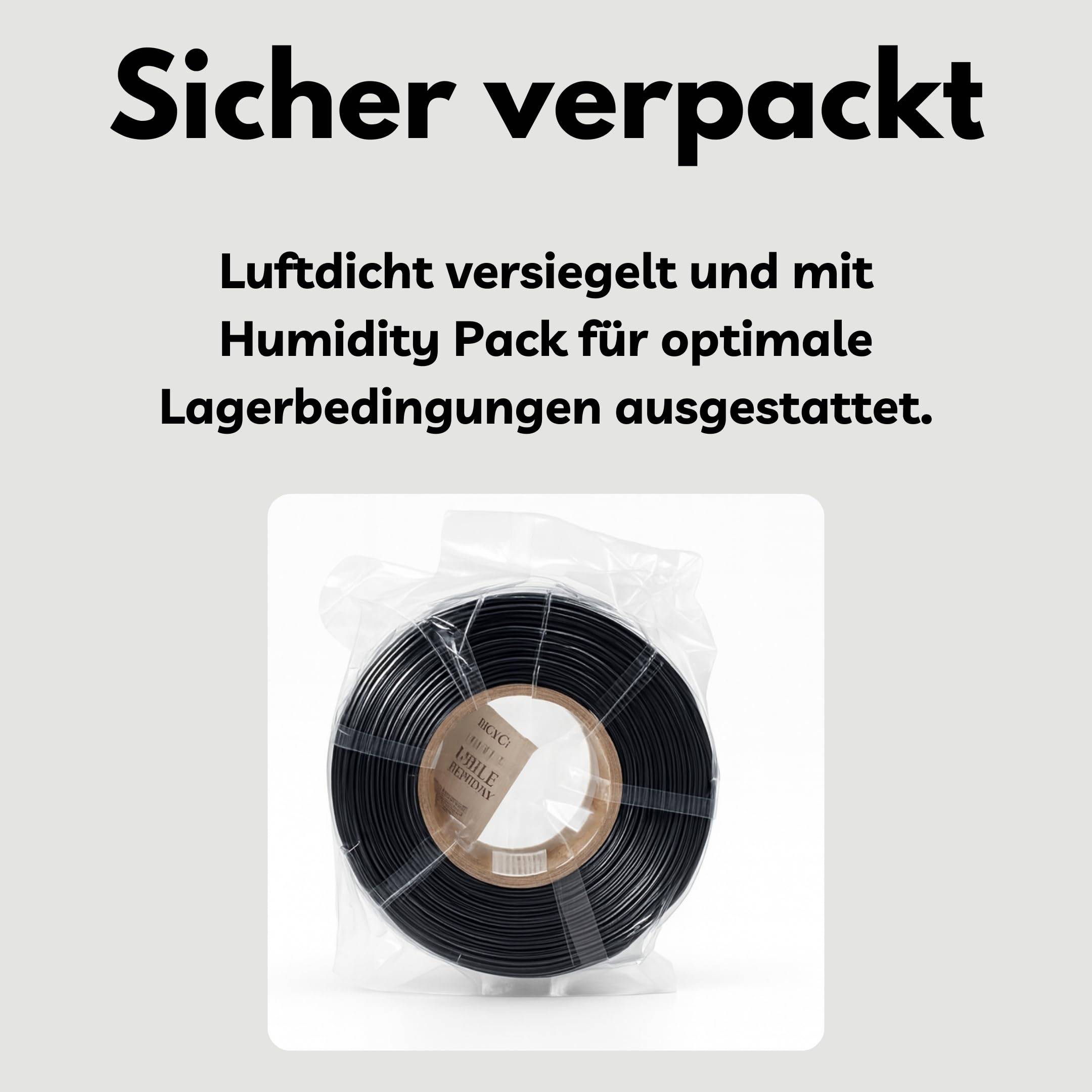 Eine Rolle schwarzes 3D-Druckfilament im Vakuum versiegelt und mit einem Feuchtigkeitspaket ausgestattet für optimale Lagerbedingungen.
