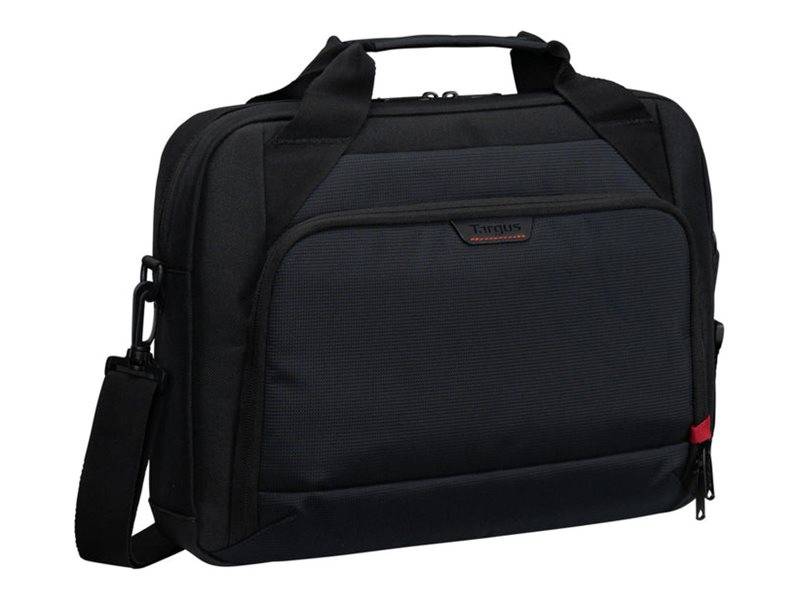 Schwarze Laptop-Schultertasche mit oberen Griffen, vorderer Reißverschlusstasche und verstellbarem Riemen auf weißem Hintergrund