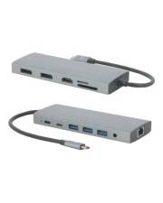Zwei Ansichten eines silbernen USB-C-Hubs/Docking-Adapters mit mehreren Anschlüssen, einschließlich USB-A, USB-C, HDMI und einem Ethernet-Anschluss sowie einem angebrachten Kabel.