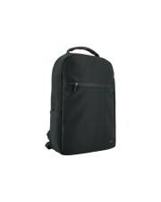 Ein schwarzer Rucksack mit einer Reißverschlusstasche auf der Vorderseite, mit einem robusten Tragehenkel oben und einem minimalistischen Design.