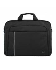 Eine schwarze Laptoptasche mit Griff und vorderer Reißverschlusstasche, mit einer schlanken vertikalen grauen Linie und einem kleinen Logo in der Ecke.