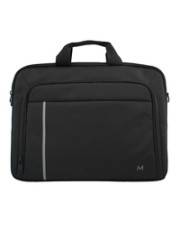 Eine schwarze Laptoptasche mit Tragegriff oben und einer vorderen Reißverschlusstasche, mit einem vertikalen grauen Akzentstreifen und einem kleinen 