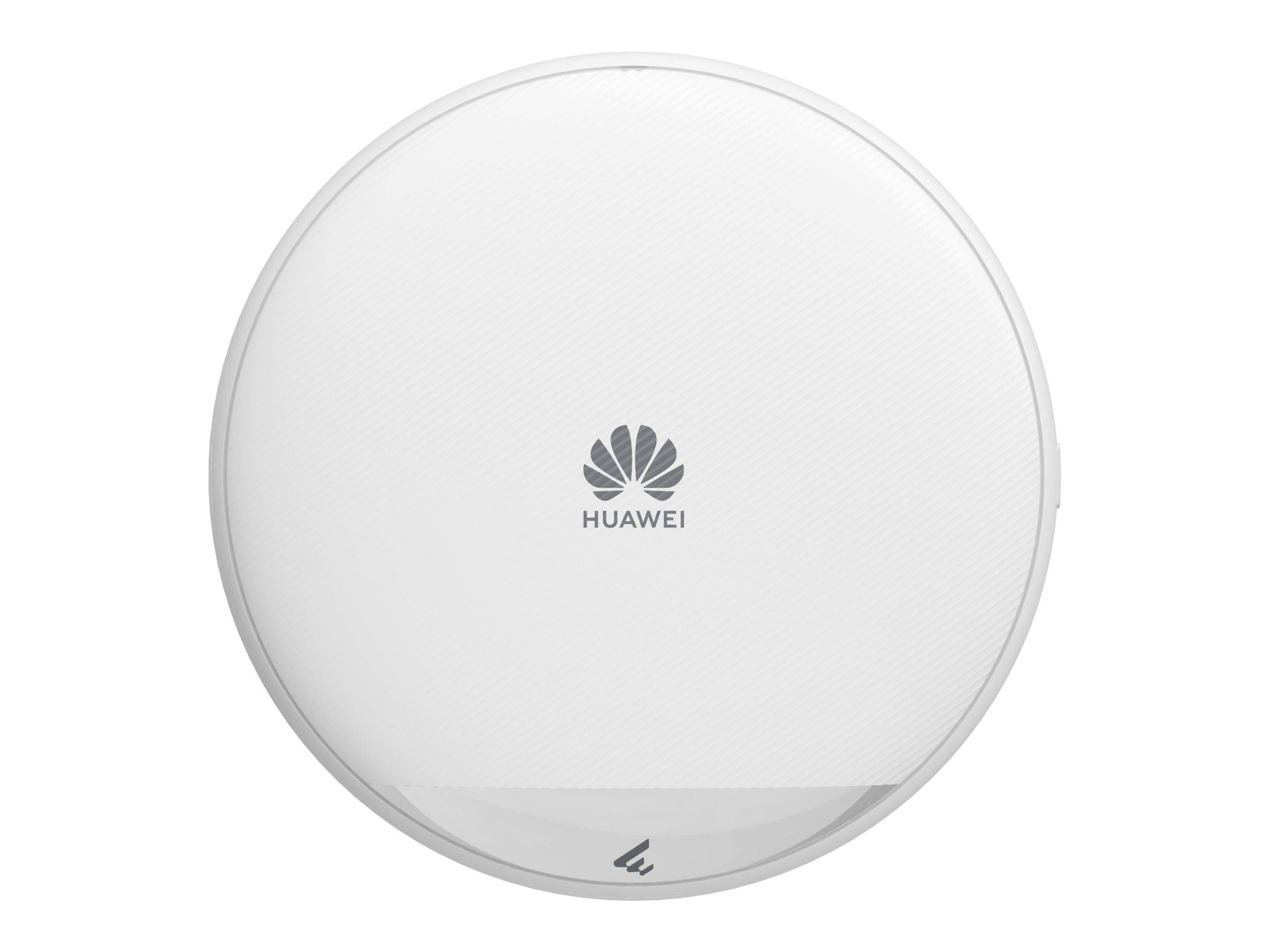 Weißes kreisförmiges Huawei-Gerät mit zentriertem Logo, in Vorderansicht auf einfachem Hintergrund dargestellt.