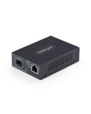 Ein kleiner schwarzer Netzwerkadapter mit zwei Anschlüssen: ein Ethernet-Anschluss und ein Glasfaseranschluss, oben mit „StarTech.com
