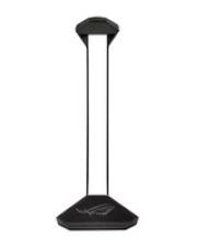 Ein schwarzer Kopfhörerständer mit geometrischem Design und Logo auf dem Sockel.