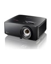 Schwarzer Multimediaprojector schräg nach links auf weißem Hintergrund