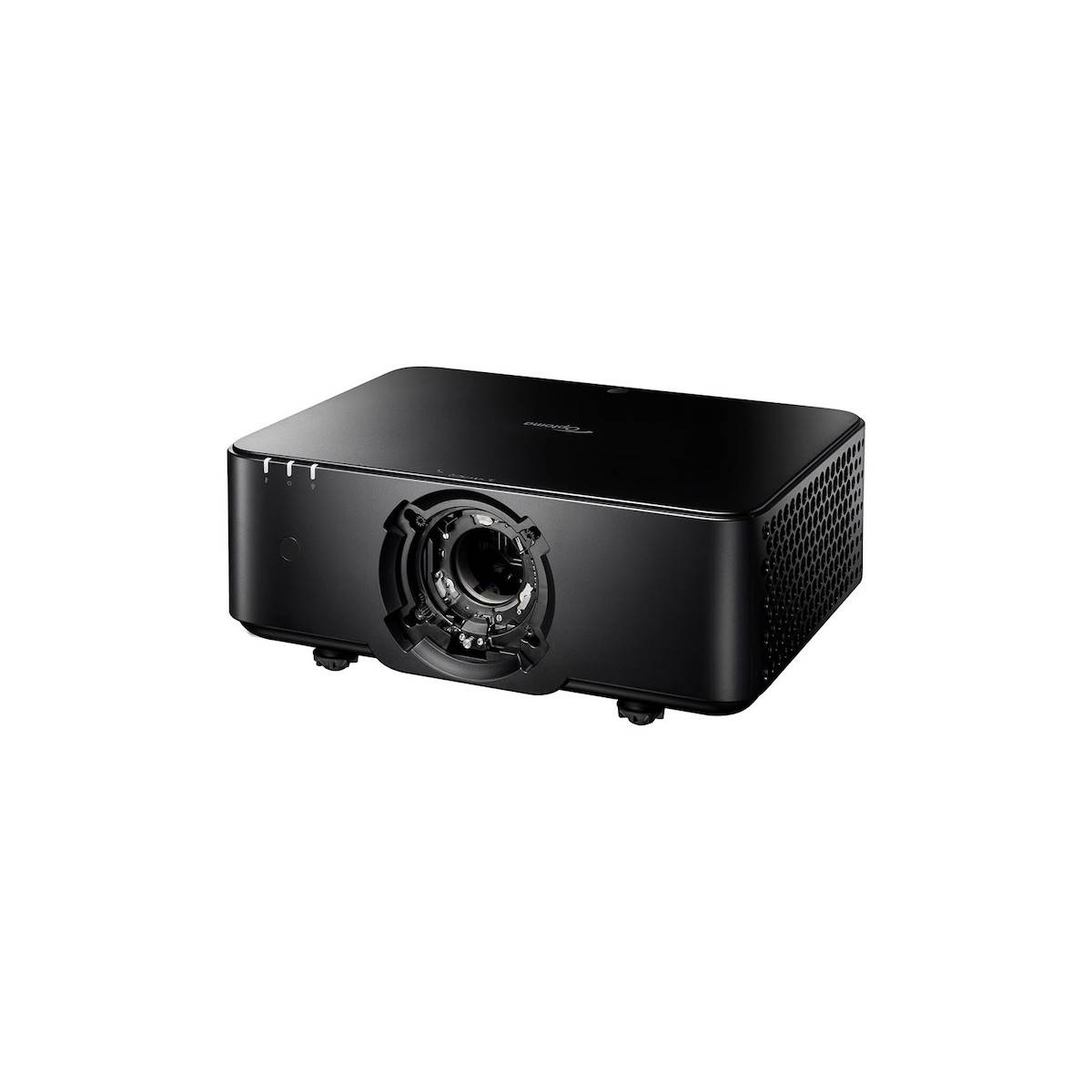 Schwarzer Multimediaprojector aus Vorderlinkswinkel mit freiliegendem Objektivanschluss auf weißem Hintergrund.