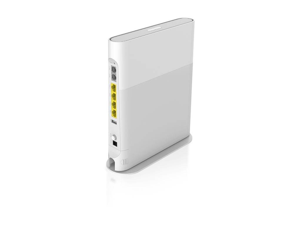 Weißer kabelloses Router-/Modem-Gerät in aufrechter Position mit vier Ethernet-Anschlüssen und einer Stromversorgungsbuchse an der Seite.