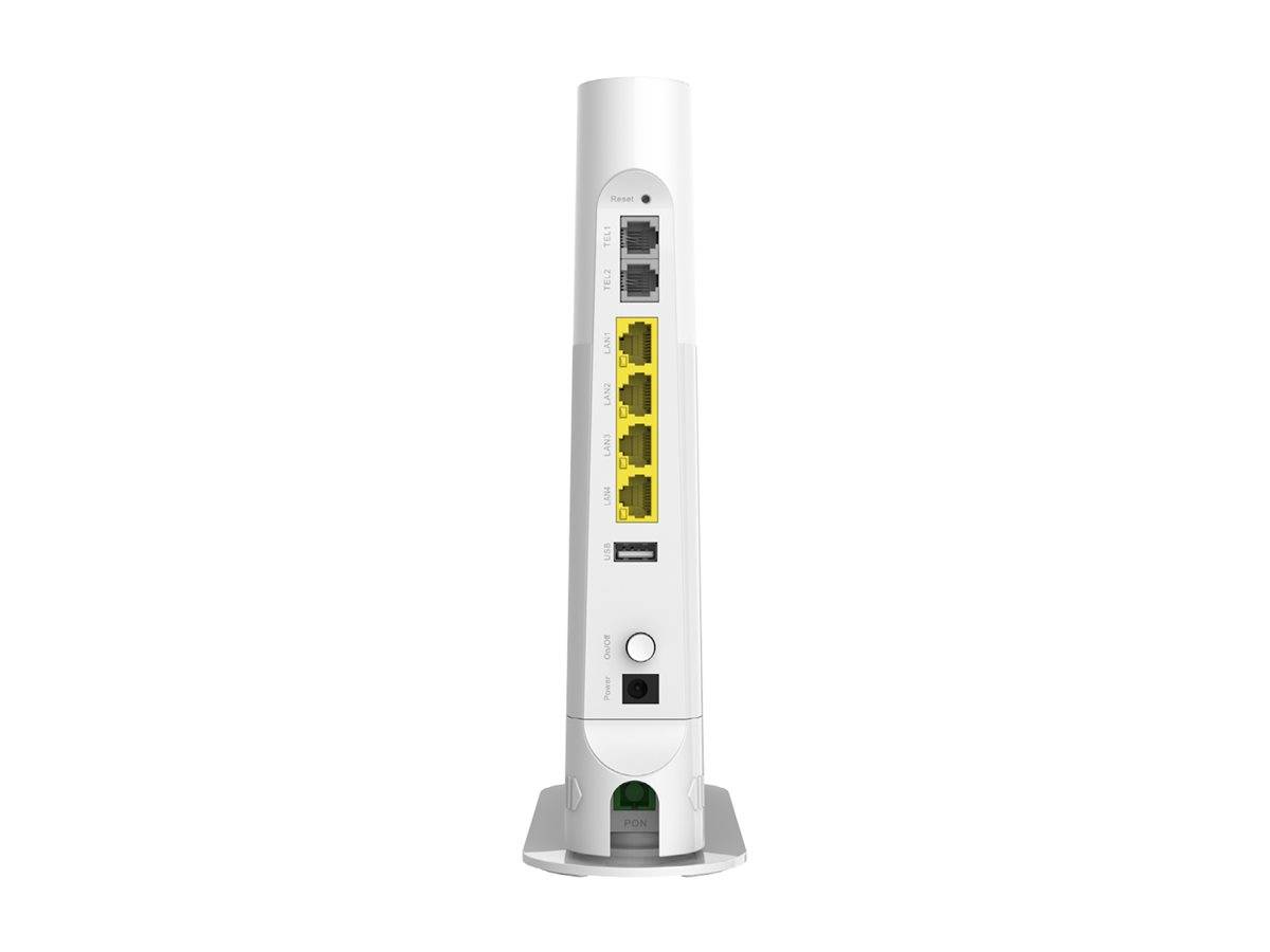 Weißes vertikales Kabelmodem/Router mit vier gelben Ethernet-Anschlüssen, zwei grauen Anschlüssen, einem USB-Anschluss, einer Stromanschlussbuchse und einem Koaxial-Stecker auf der Basis.