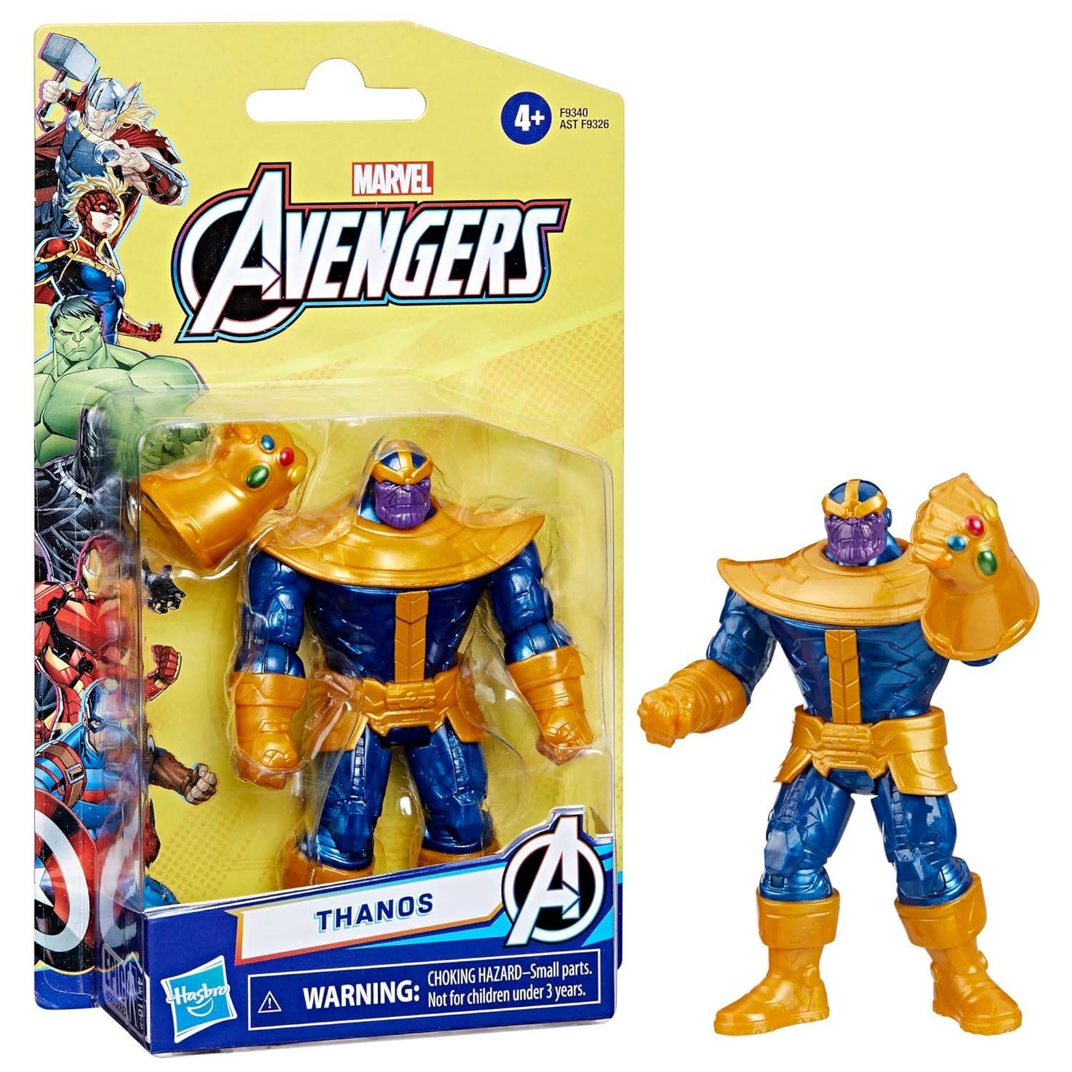 „Avengers-Figuren-Verpackung mit Thanos in goldener Rüstung, gekennzeichnet für Alter 4 und älter, mit Erstickungsgefahrenwarnung.