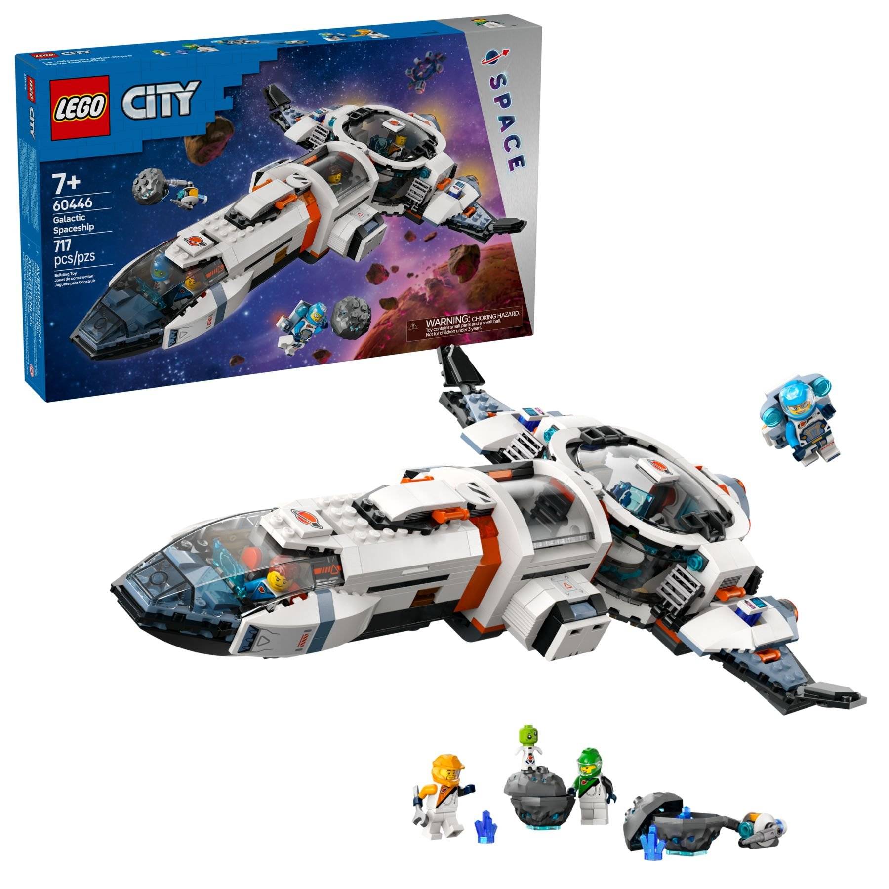 Lego City Space Shuttle Set; Raumschiff, Minifiguren und Zubehörteile ausgestellt. Das Schachtelbild zeigt das Raumschiff im Weltall.