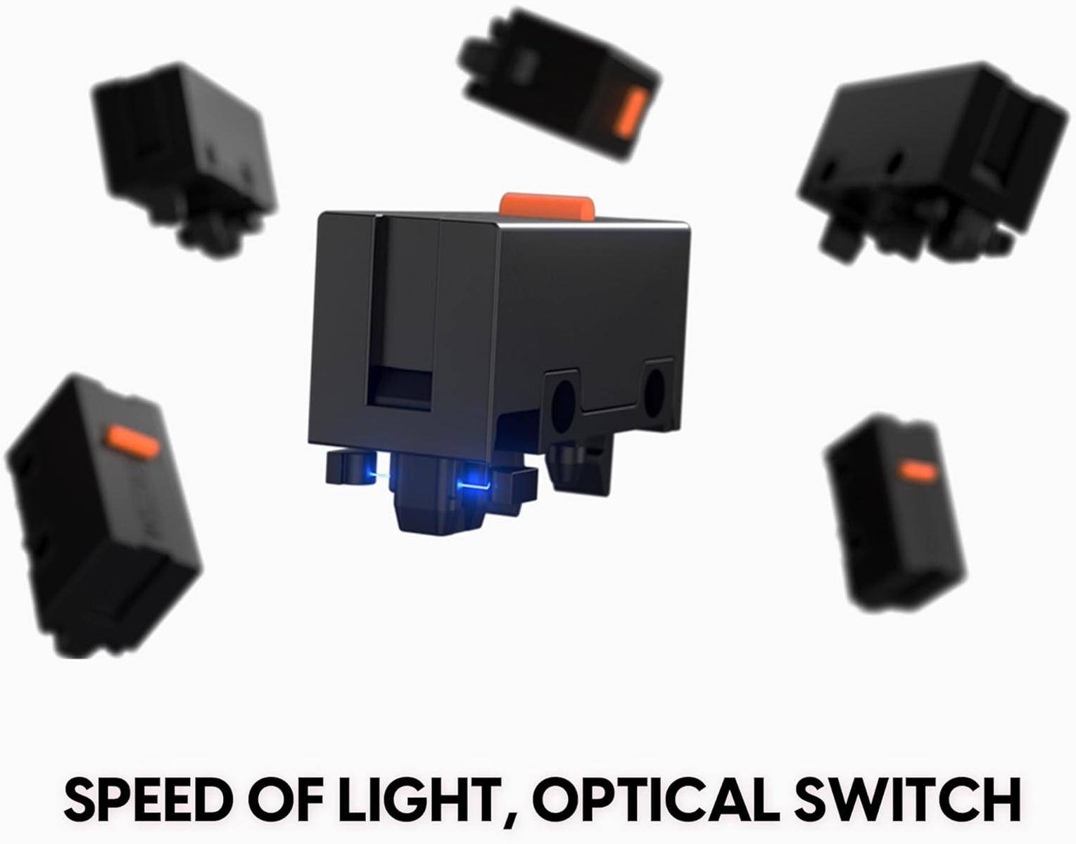 Eine Nahaufnahme schwarzer optischer Schalter mit orangefarbenen Registern, die herumschweben. Der Text darunter lautet „Lichtgeschwindigkeit, optischer Schalter