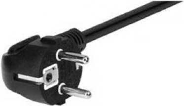 Ein dreipoliger europäischer Stromstecker mit schwarzem Kabel, von der Seite vor einem einfachen Hintergrund betrachtet.