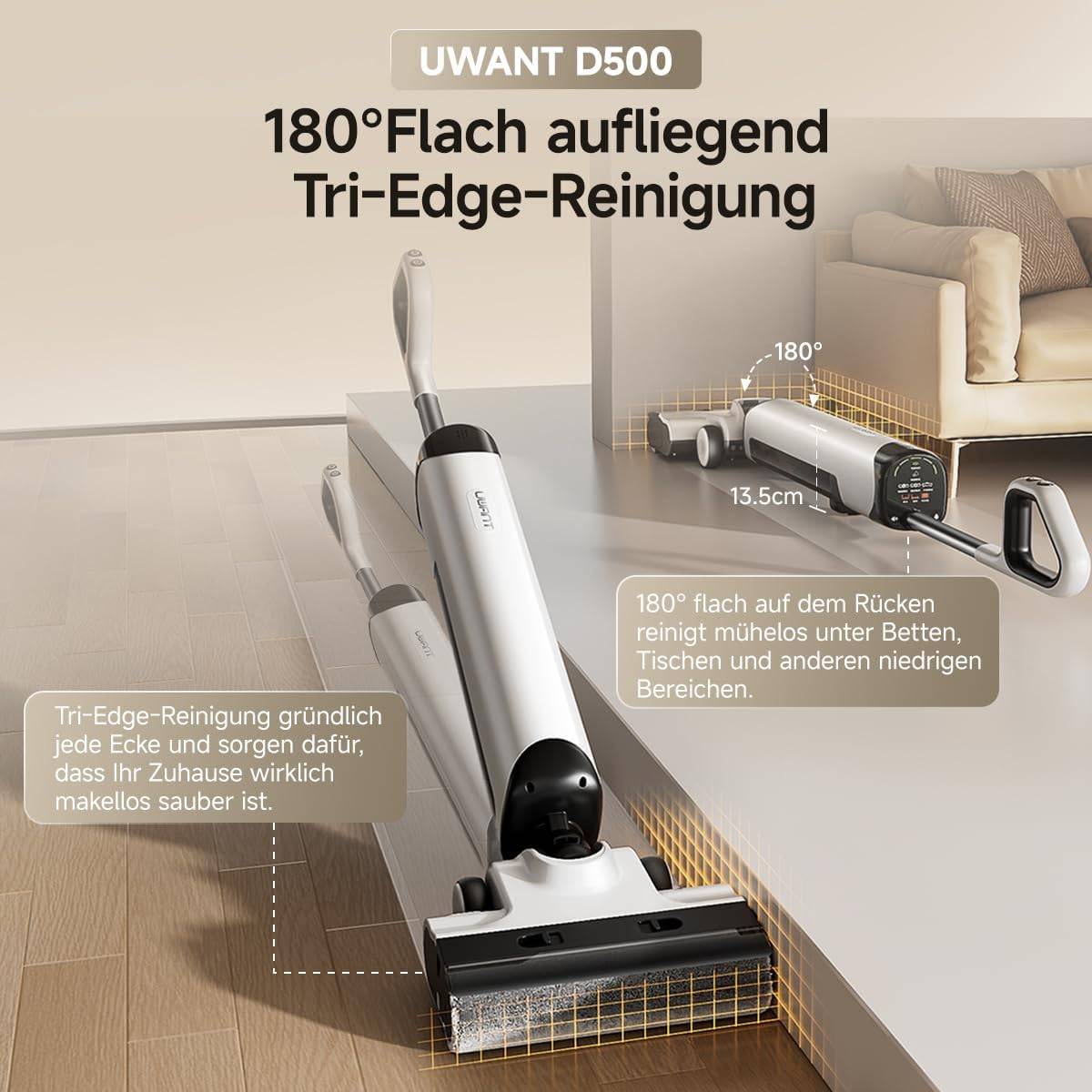 Ein Staubsauger wird gezeigt, wie er unter einem Sofa reinigt, wobei sein 180-Grad-Flachwinkel-Feature und sein schlankes Design von 13,5 cm Breite zum Erreichen enger Räume demonstriert wird.