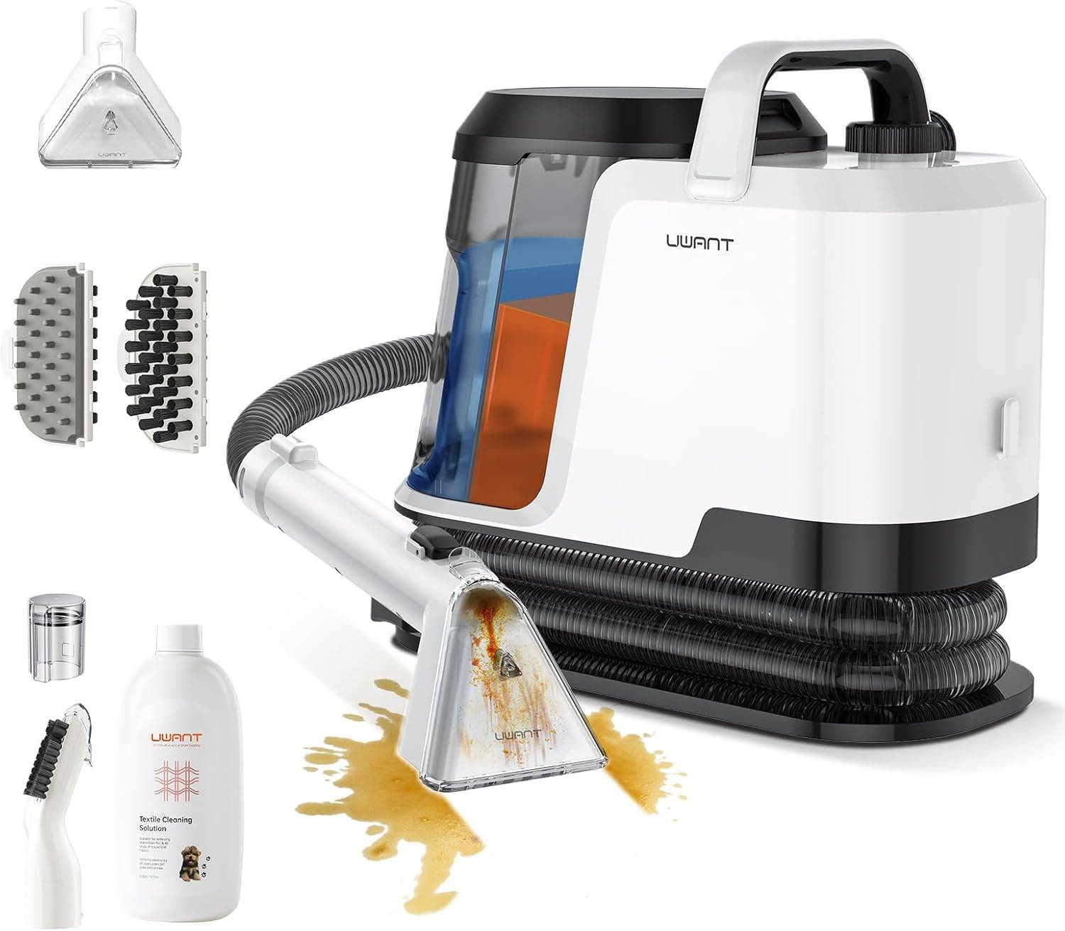 Schnurloses Teppichreinigungsgerät mit durchsichtigem Behälter und abnehmbarem Schlauch, entwickelt zum Fleckenreinigen von Verschüttungen und Flecken auf Teppichen und Polstermöbeln.