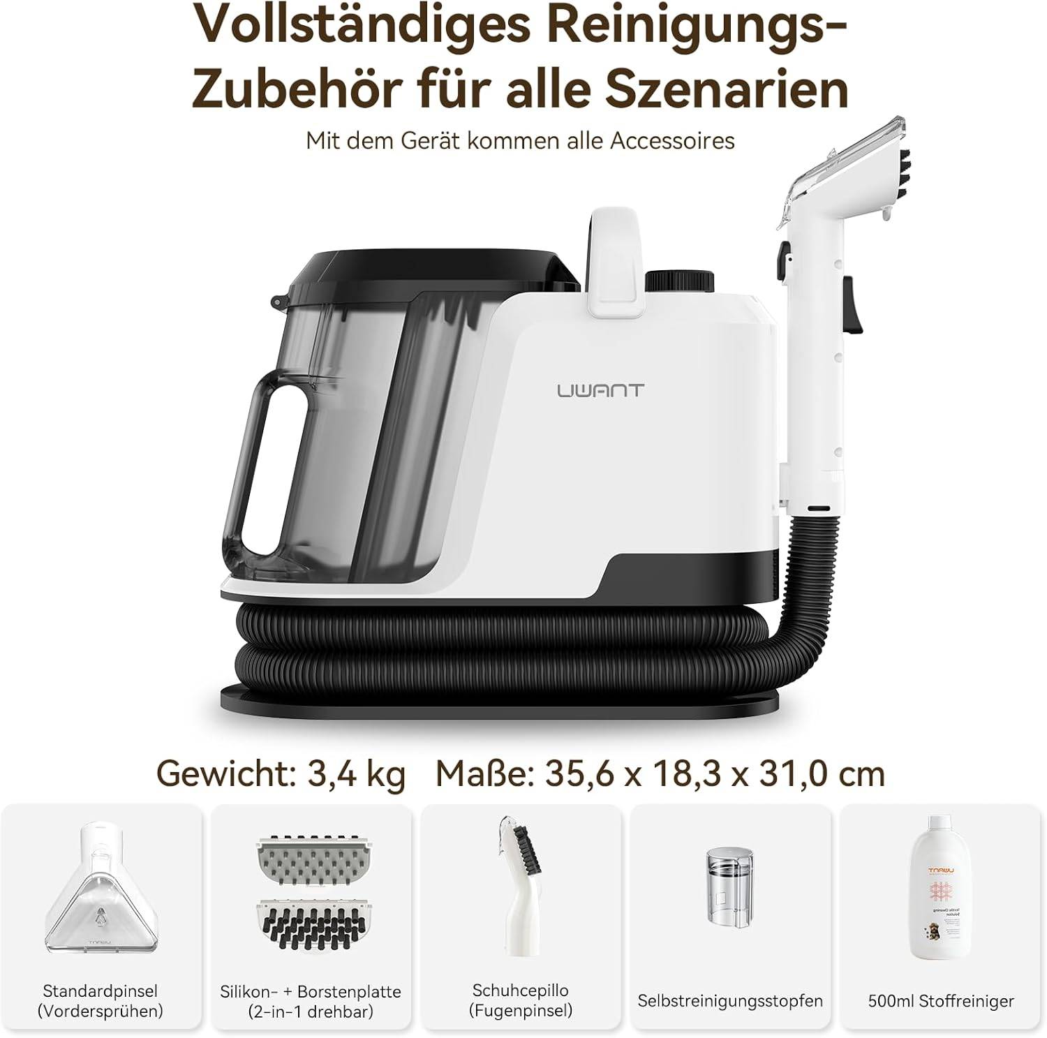 Uwant Y100 Polsterreiniger Gerät, Nasssauger mit 18KPA für Sofa, Teppich und Auto, 600W Waschsauger, Selbstreinigung, 1,2 L Doppeltank, Doppelseitig