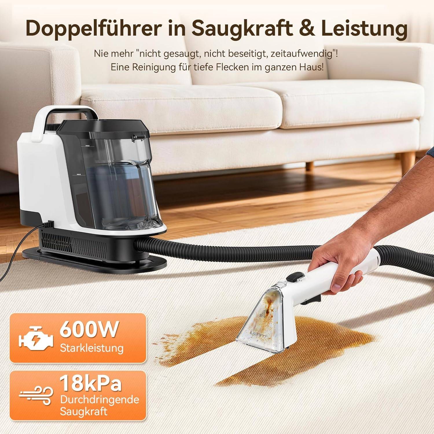 Uwant Y100 Polsterreiniger Gerät, Nasssauger mit 18KPA für Sofa, Teppich und Auto, 600W Waschsauger, Selbstreinigung, 1,2 L Doppeltank, Doppelseitig