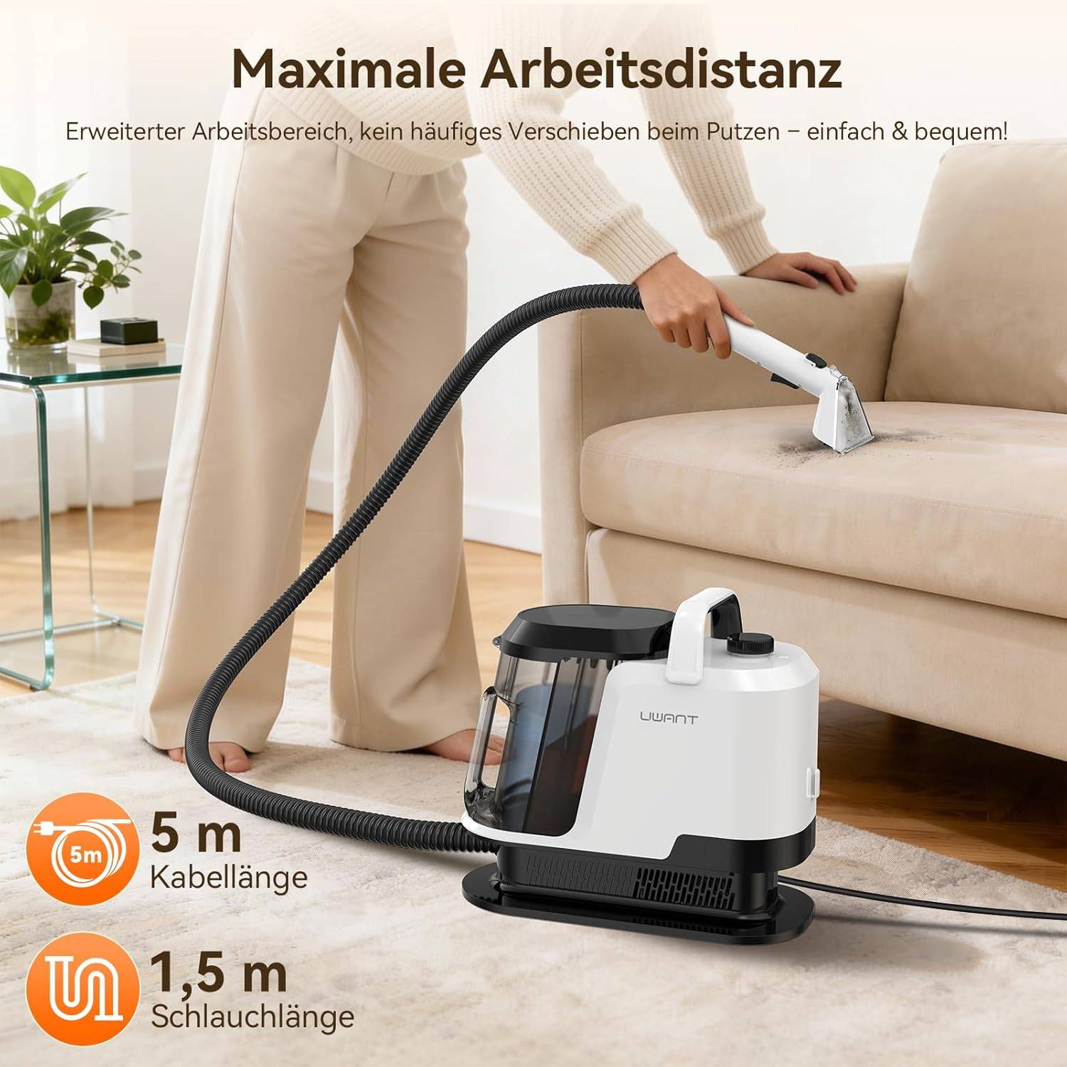 Uwant Y100 Polsterreiniger Gerät, Nasssauger mit 18KPA für Sofa, Teppich und Auto, 600W Waschsauger, Selbstreinigung, 1,2 L Doppeltank, Doppelseitig