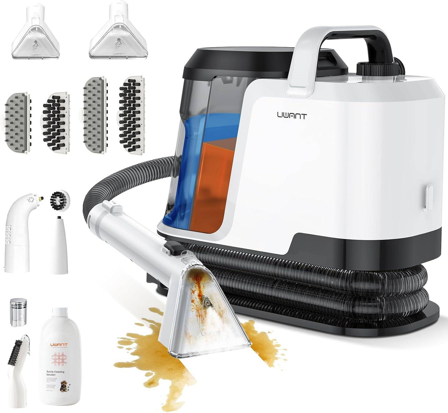 Bild einer Teppichreiniger-Set mit verschiedenen Aufsätzen, das eine Reinigungsdemonstration mit aufgetragenem Reinigungsmittel und sichtbarer Fleckenentfernung zeigt.