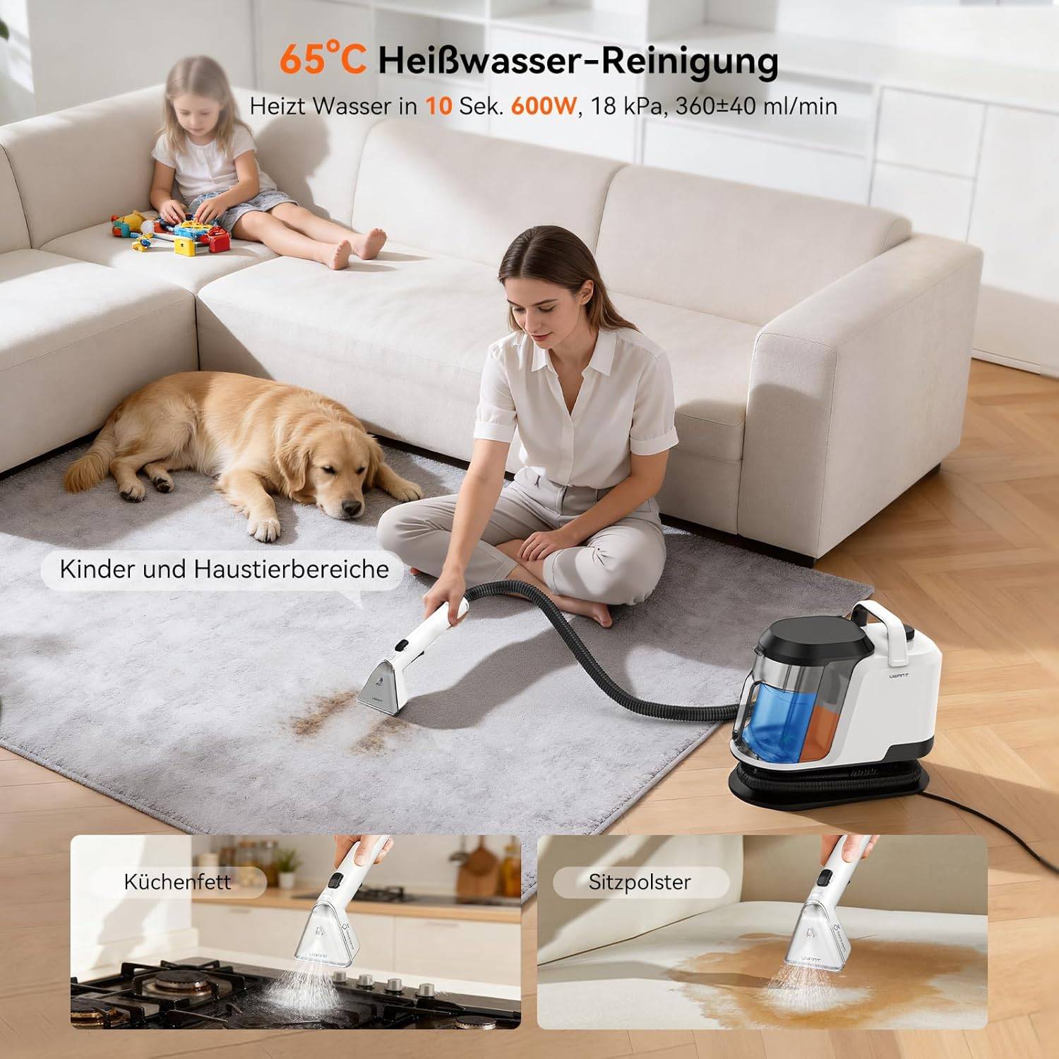 Uwant Y100 Steam Polsterreiniger Gerät, 3-in-1 Dampfreiniger für Sofa, Teppich und Auto mit 18KPA, 1750W Heißdampf, 65°C Heißwasser, Kaltwasser.