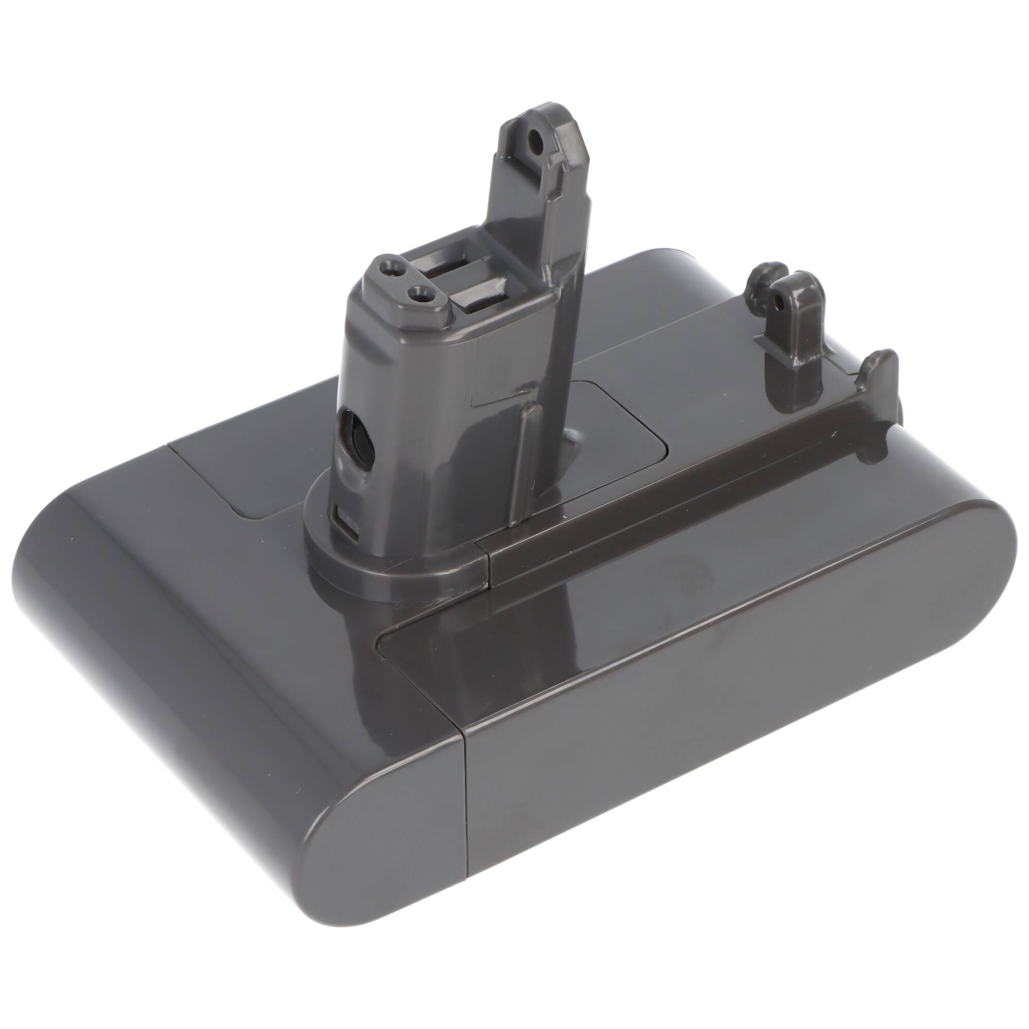 Ein wiederaufladbarer Staubsaugerbatteriepack in einem Kunststoffgehäuse mit Anschlüssen auf der Oberseite zum Befestigen an einer Staubsaugereinheit.