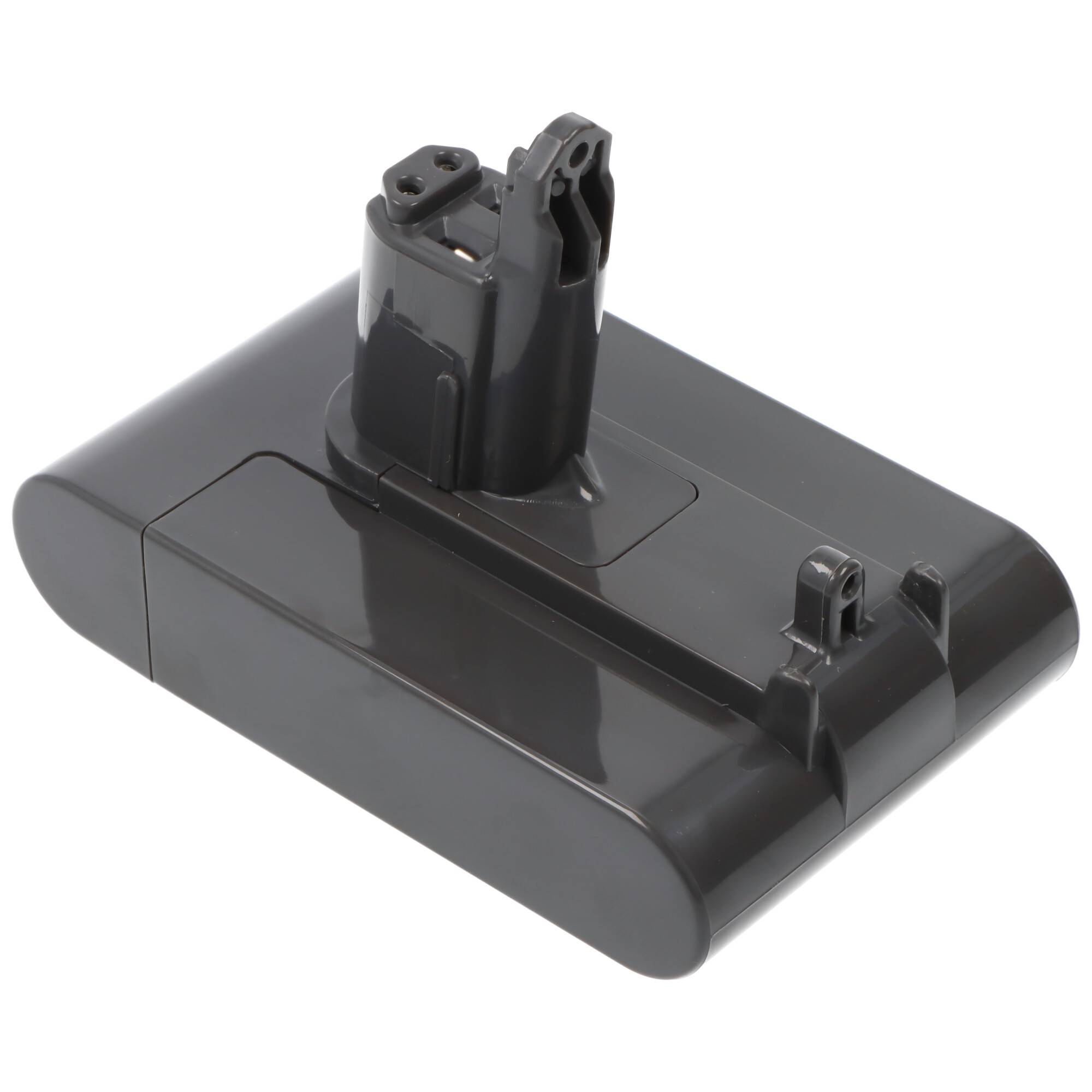 Ein schwarzes Akku-Pack für Staubsauger mit einer zentralen Ladeanschluss-Kontaktstelle, das ein kompaktes rechteckiges Design aufweist.