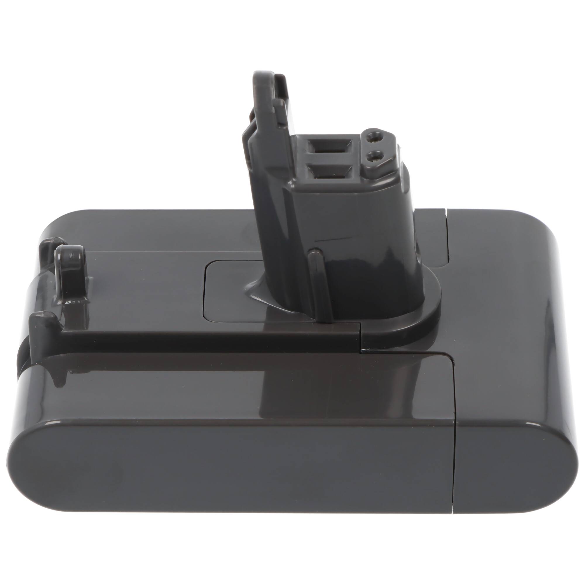 Ein schwarzes wiederaufladbares Batteriepaket, das mit einem kabellosen Staubsauger kompatibel ist und Anschlüsse zum Laden und zur Befestigung am Gerät aufweist.