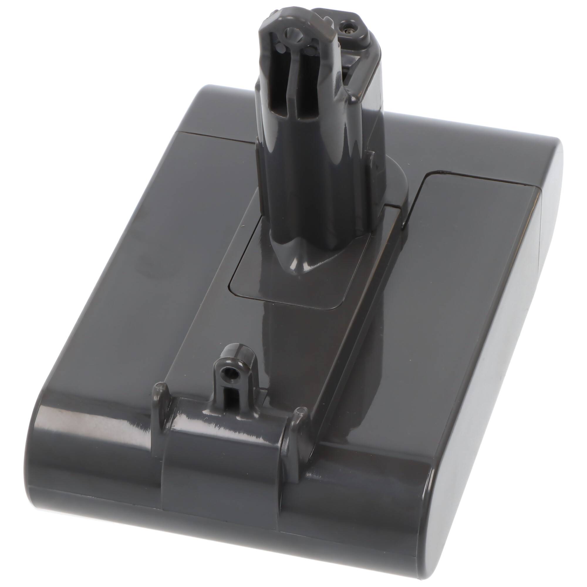 Ein schwarzes Akkupaket mit rechteckiger Form und einem Stecker oben, das für die Verwendung mit schnurlosen Geräten wie Staubsaugern konzipiert ist.