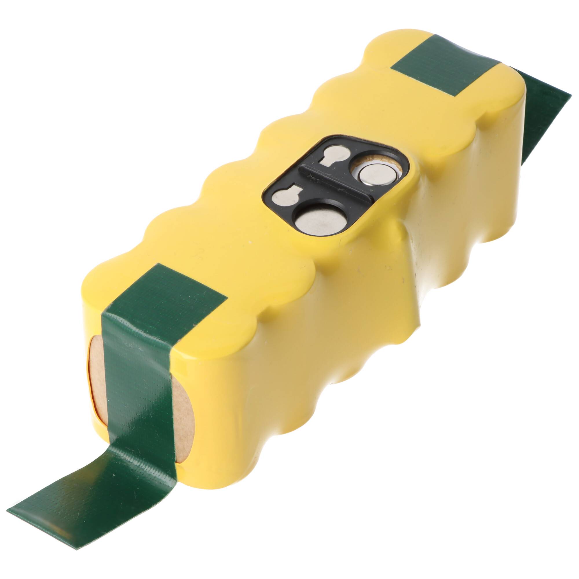 Ein gelbes Batteriepaket mit einem grünen Band und zwei hervorstehenden Metallkonnektoren oben, das zur Stromversorgung in elektronischen Geräten verwendet wird.