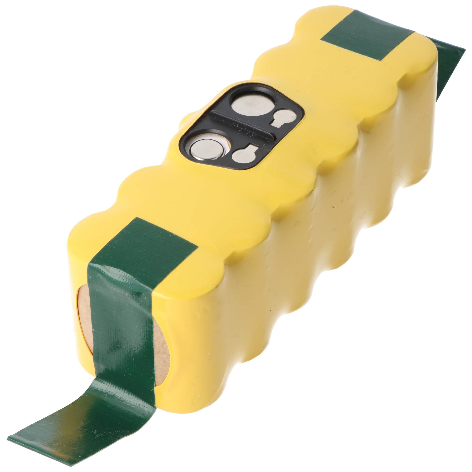 Ein gelb-grünes rechteckiges Batteriepak mit mehreren Zellen und zwei Anschlüssen oben.