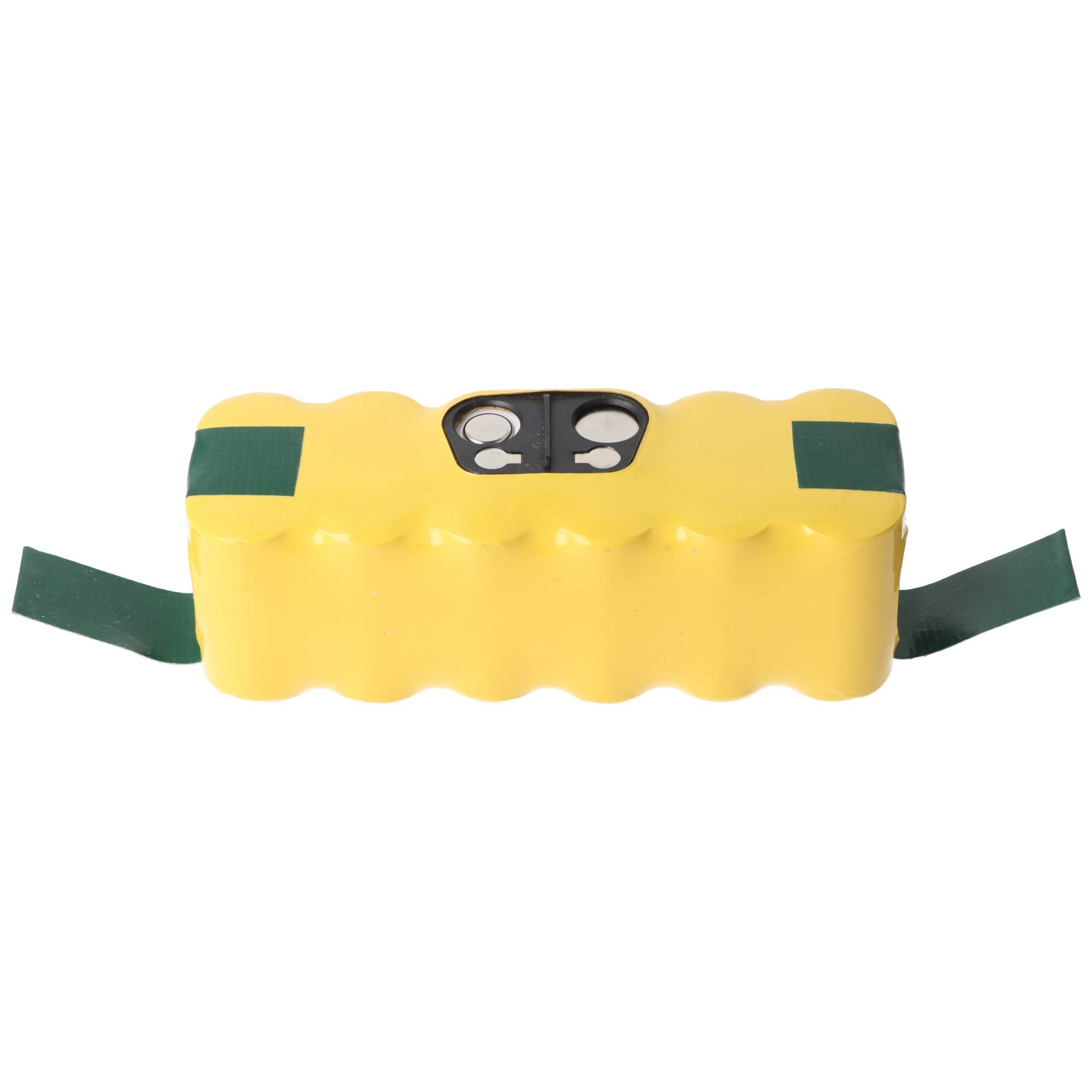 Ein gelbes, rechteckiges Batteriepaket mit grünen Riemen und vier sichtbaren Anschlüssen auf der Oberseite.