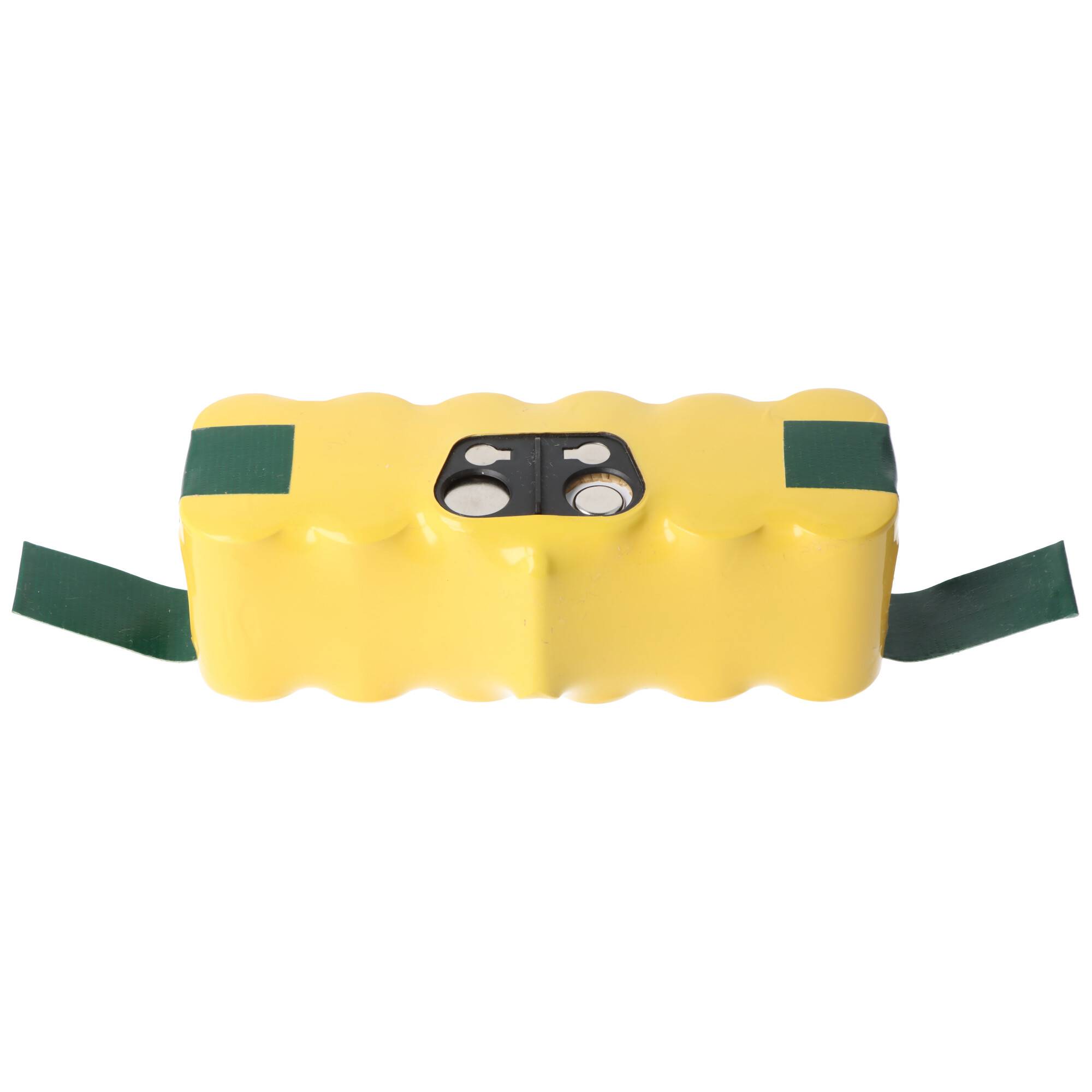 Ein gelbes Batterie-Pack mit sechs Zellen und zwei grünen Riemen auf beiden Seiten, mit zwei metallischen Anschlüssen auf der Oberseite.