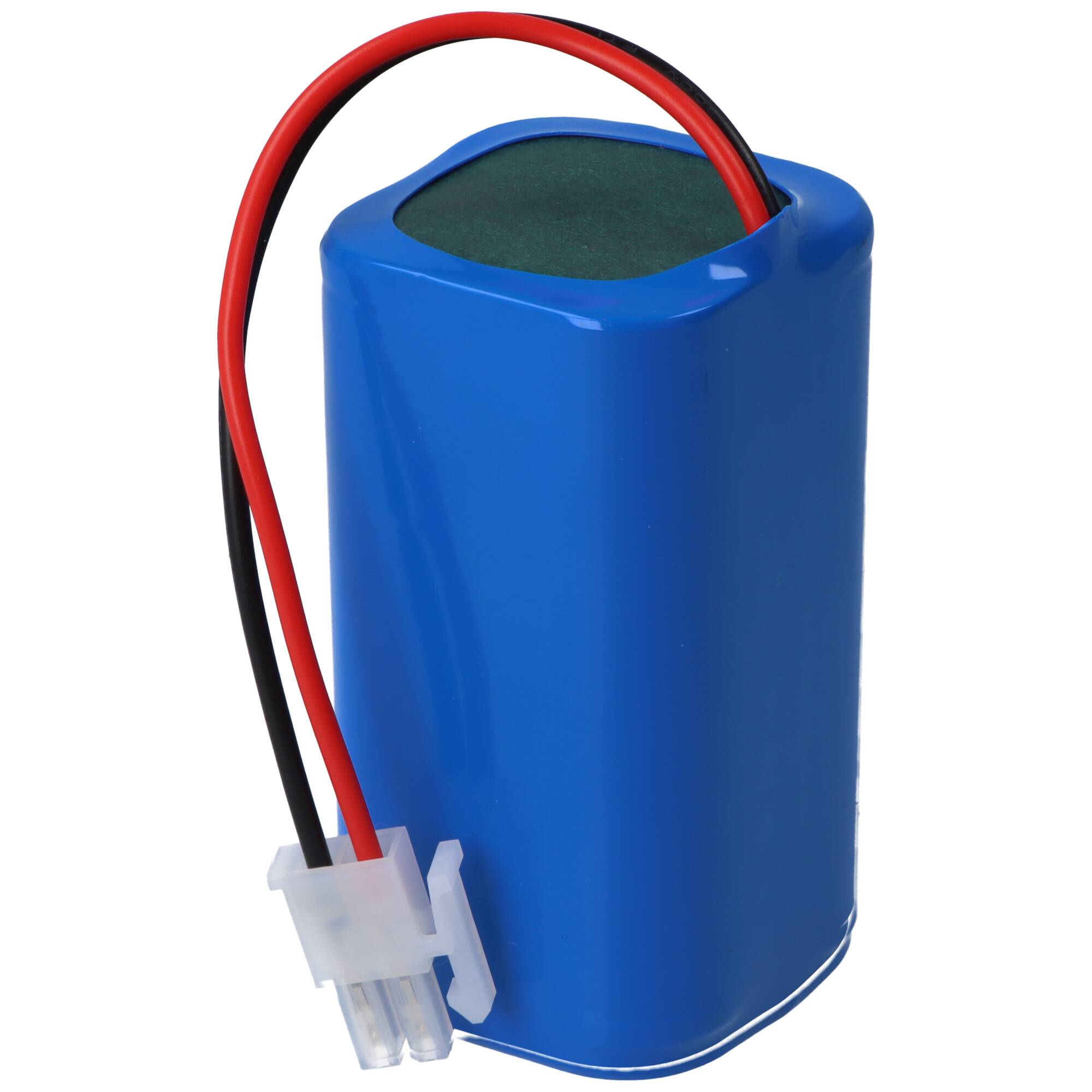 Ein blauer wiederaufladbarer Batteriepack mit einem roten und schwarzen Kabel, das mit einem weißen Steckerverbinder verbunden ist, wird zum Stromversorgung von elektronischen Geräten verwendet.